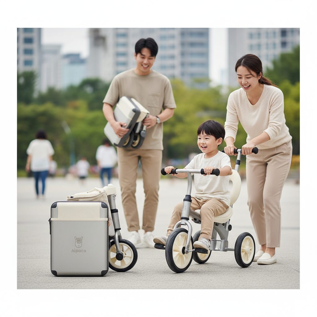 접혀 있는 알파카 미니 폴딩 세발자전거와 펼쳐진 모습