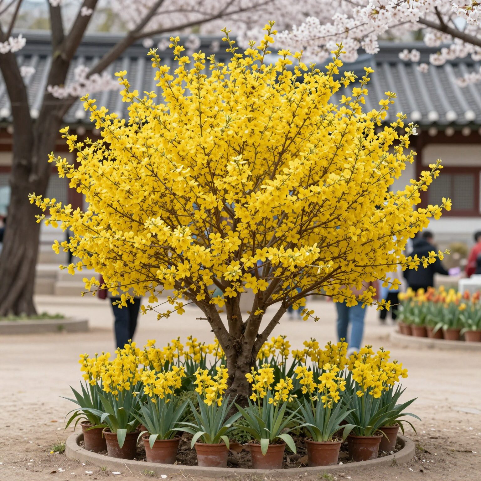 봄에 노란 꽃이 가득 핀 애니시다 화분