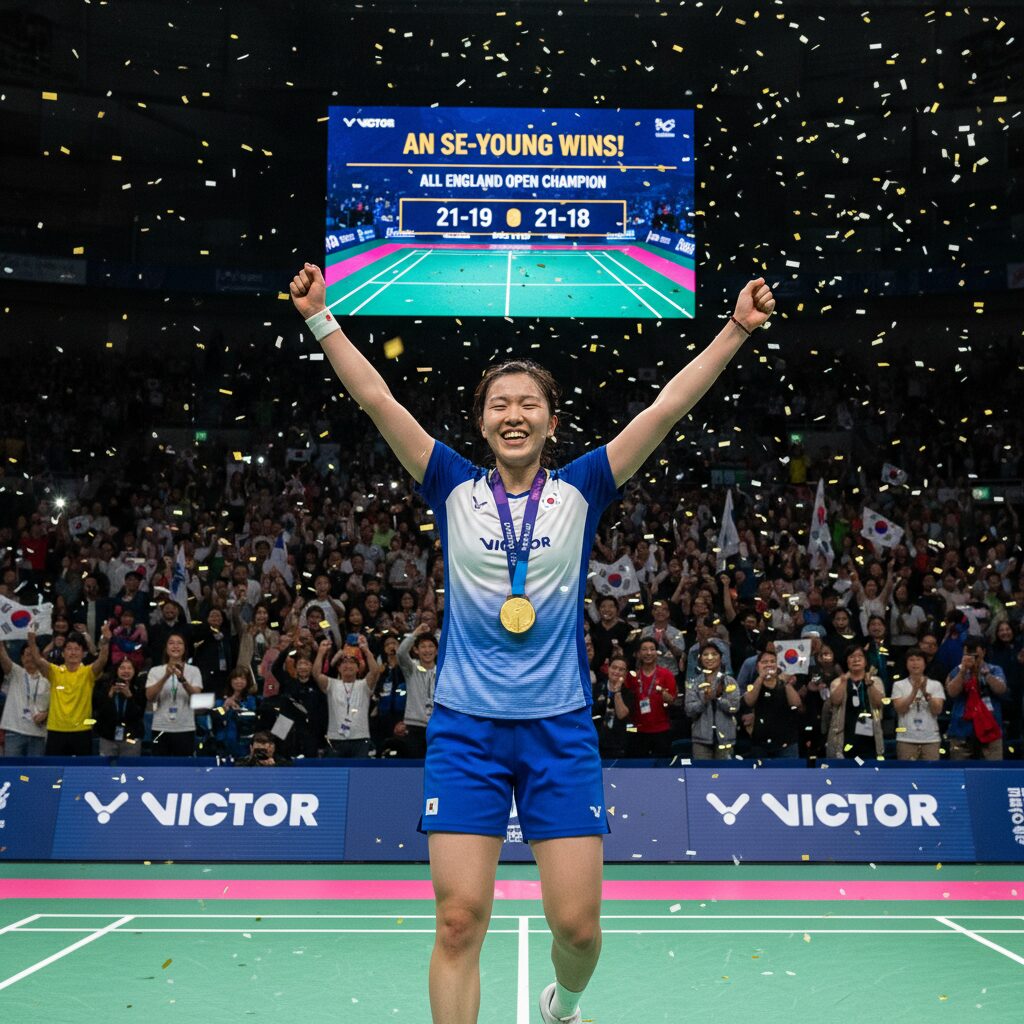 안세영 선수가 전영오픈 결승 경기에서 승리 후 환호하는 모습