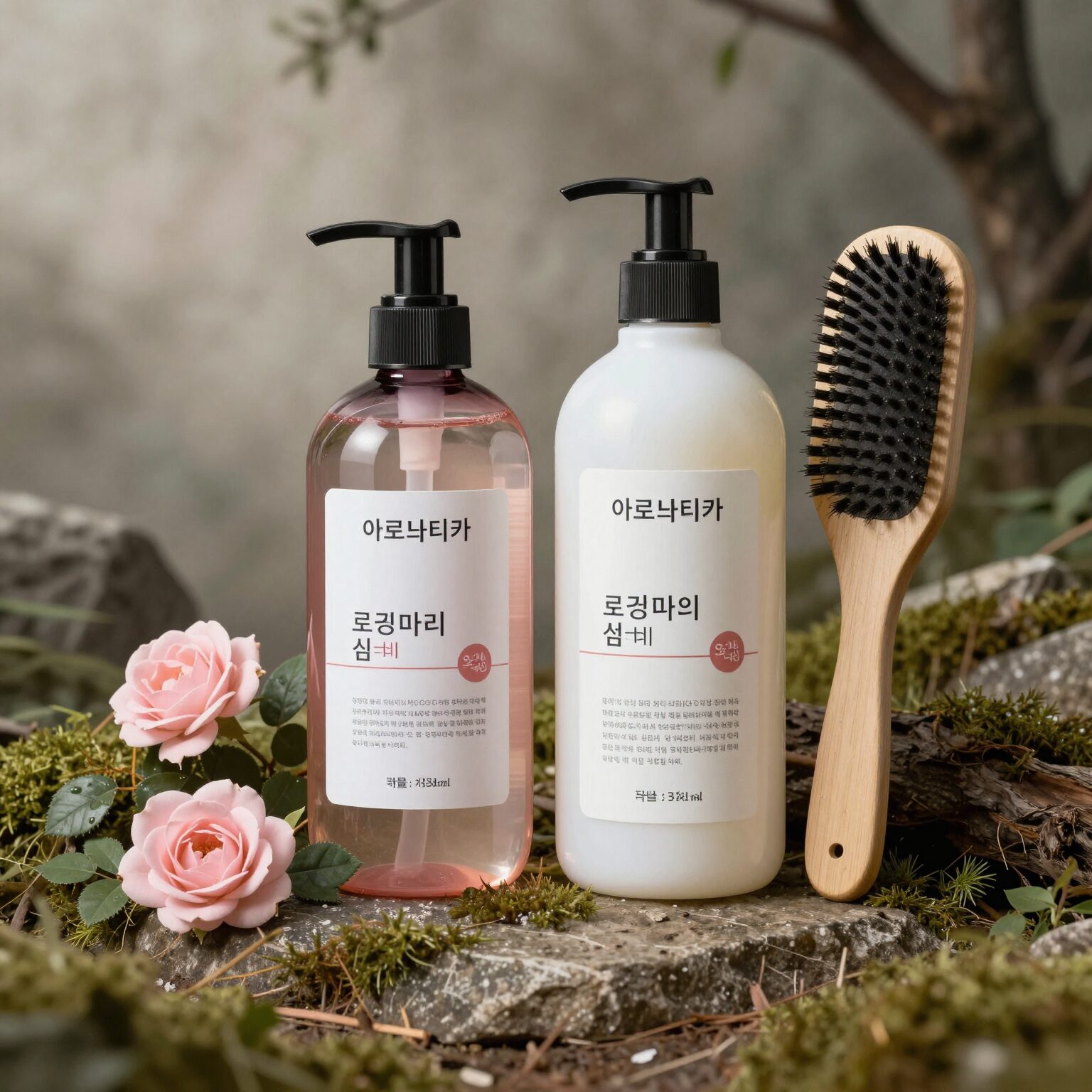 아로마티카 로즈마리 샴푸 더블 기획세트와 듀얼 브러쉬가 놓여 있는 사진