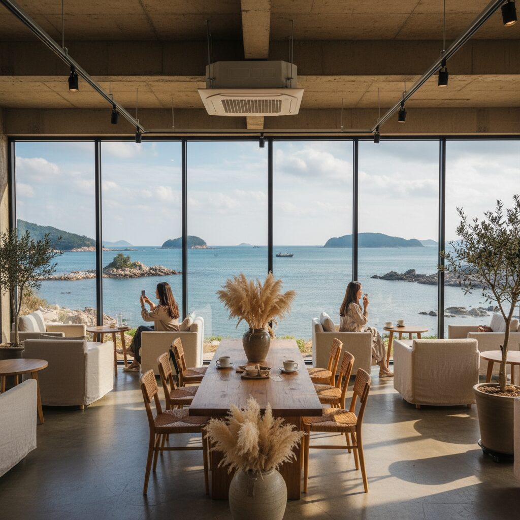 통영 아르세 카페의 넓은 오션뷰와 감성적인 인테리어