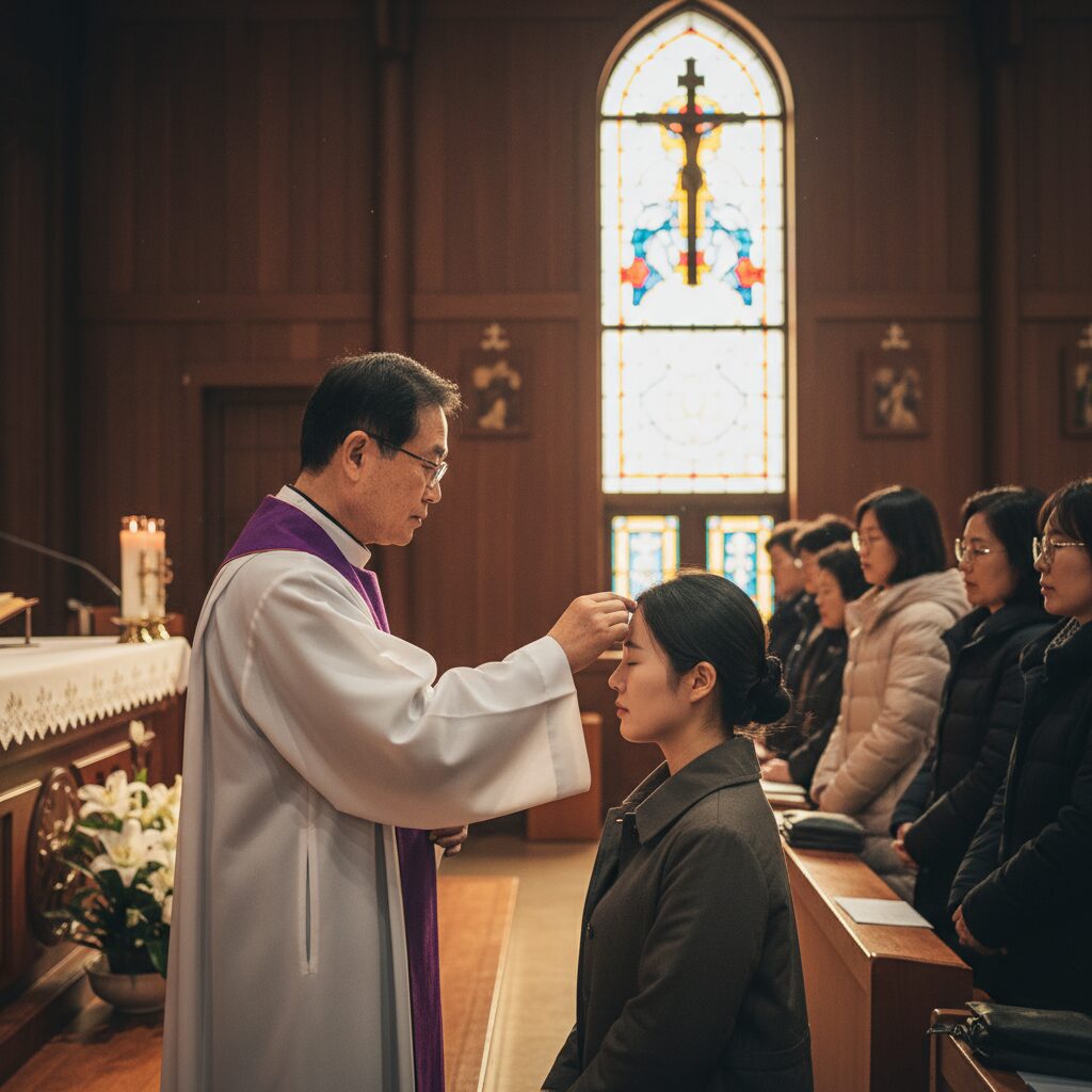 재의 수요일 교회에서 이마에 재를 바르는 상징적인 모습