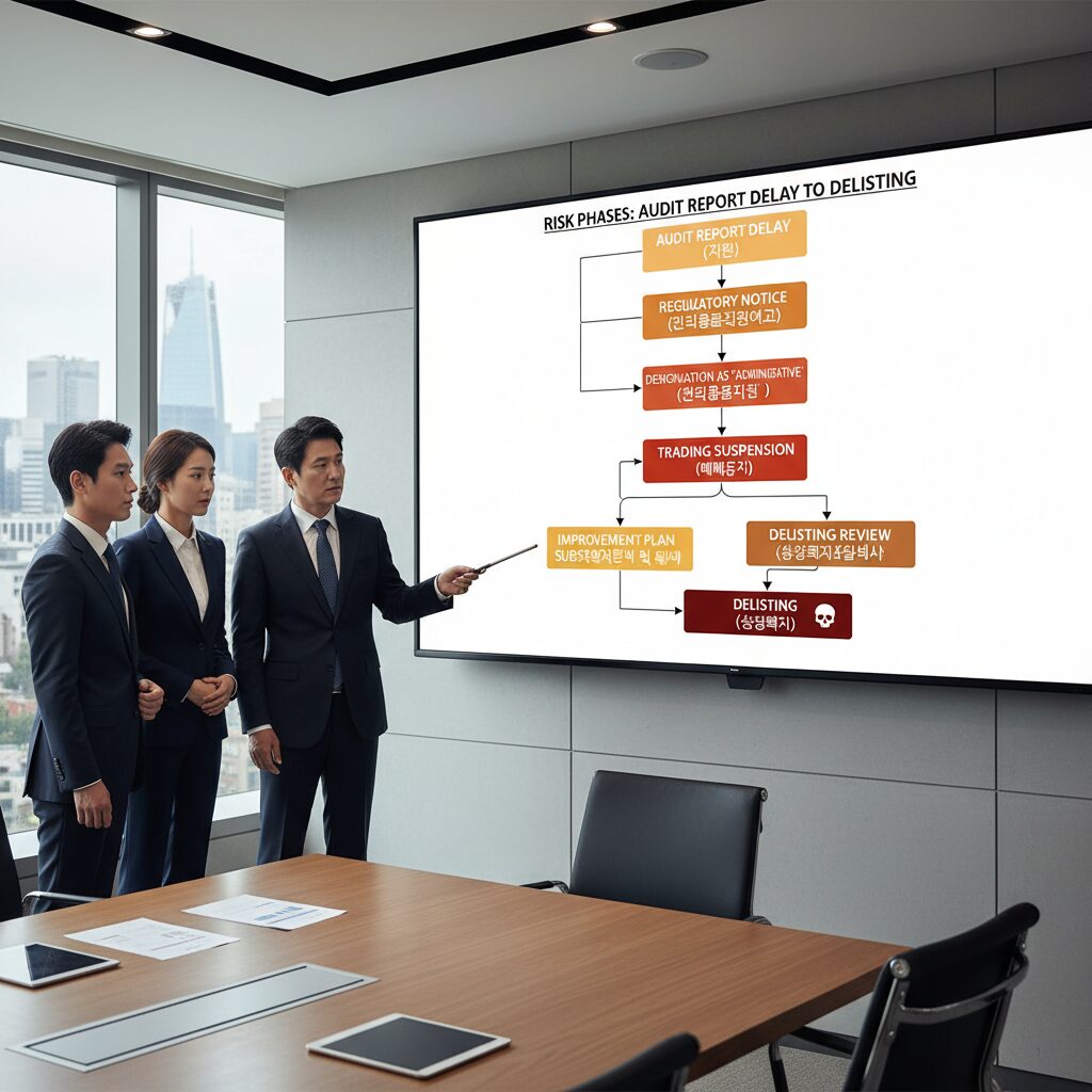 감사보고서 지연부터 상장폐지까지의 위험 단계를 보여주는 순서도