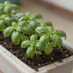 베란다 창틀에 놓인 바질 모종 화분 분갈이 직후 모습