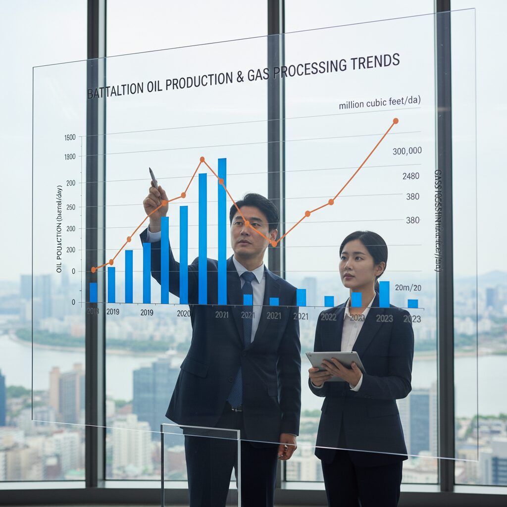 바탈리온 오일 생산량과 가스 처리량 추이를 보여주는 그래프
