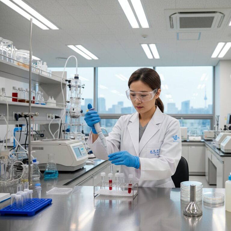 바이오 연구실 내부에서 연구원이 실험을 진행하는 모습