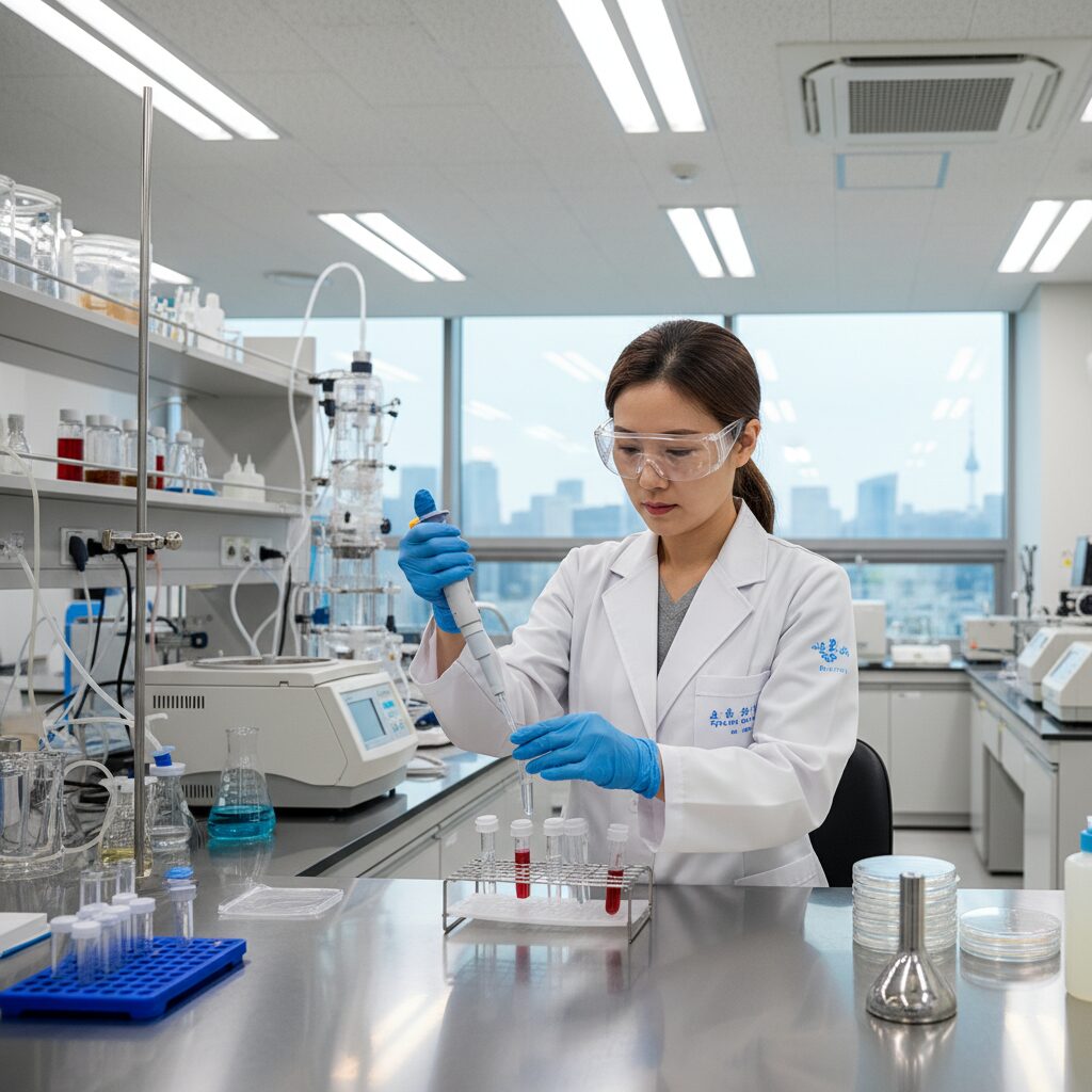 바이오 연구실 내부에서 연구원이 실험을 진행하는 모습