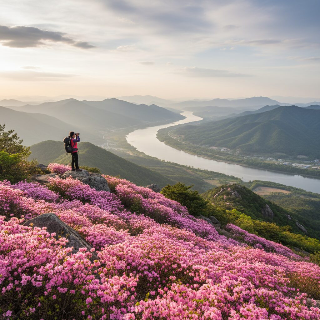 비슬산 천왕봉에서 바라본 분홍빛 참꽃 군락지와 낙동강 풍경
