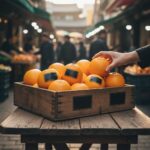 검은색 라벨이 붙은 주황색 오렌지들이 나무 상자 위에 놓여 있음