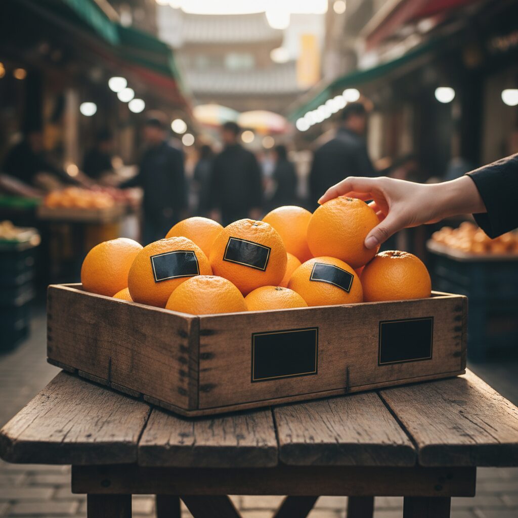 검은색 라벨이 붙은 주황색 오렌지들이 나무 상자 위에 놓여 있음
