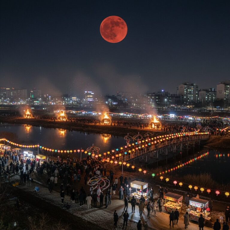 2026년 금호강 정월대보름 축제장 전경과 밤하늘에 뜬 붉은 달
