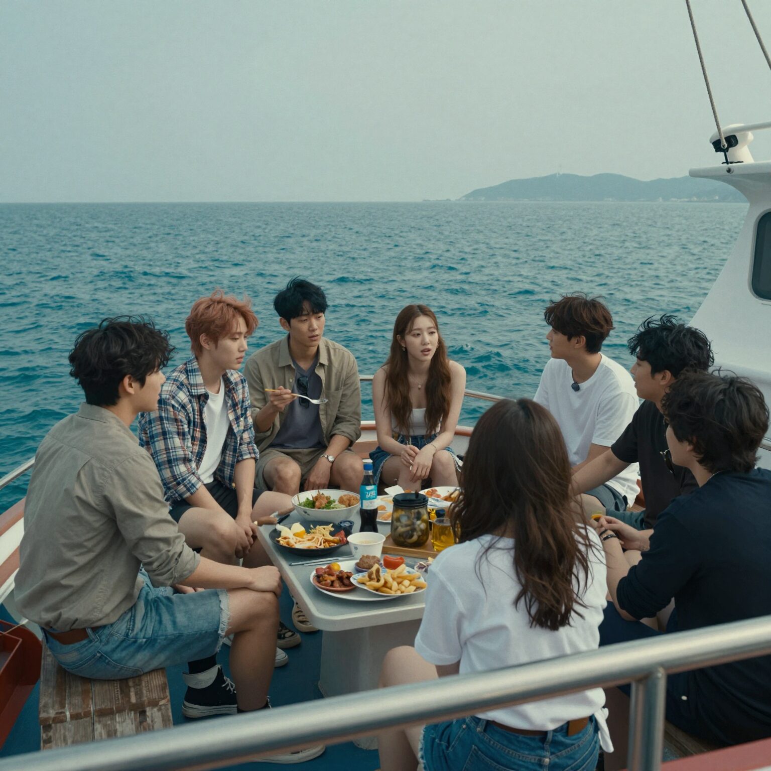 BTS 스윔 뮤직비디오에서 바다 위 선박에서 연기하는 릴리 라인하트와 BTS 멤버들