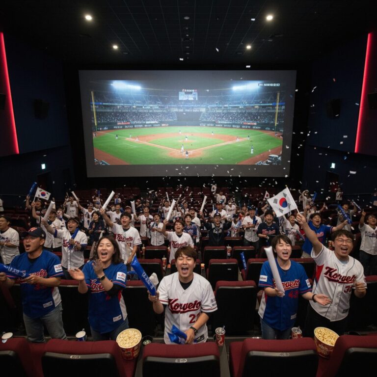 CGV에서 열리는 WBC 생중계 관람객들이 야구 경기를 보며 응원하는 모습