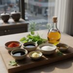 참나물 겉절이에 쓰이는 양념 재료들인 고춧가루 간장 식초 설탕 마늘 참기름이 담긴 사진