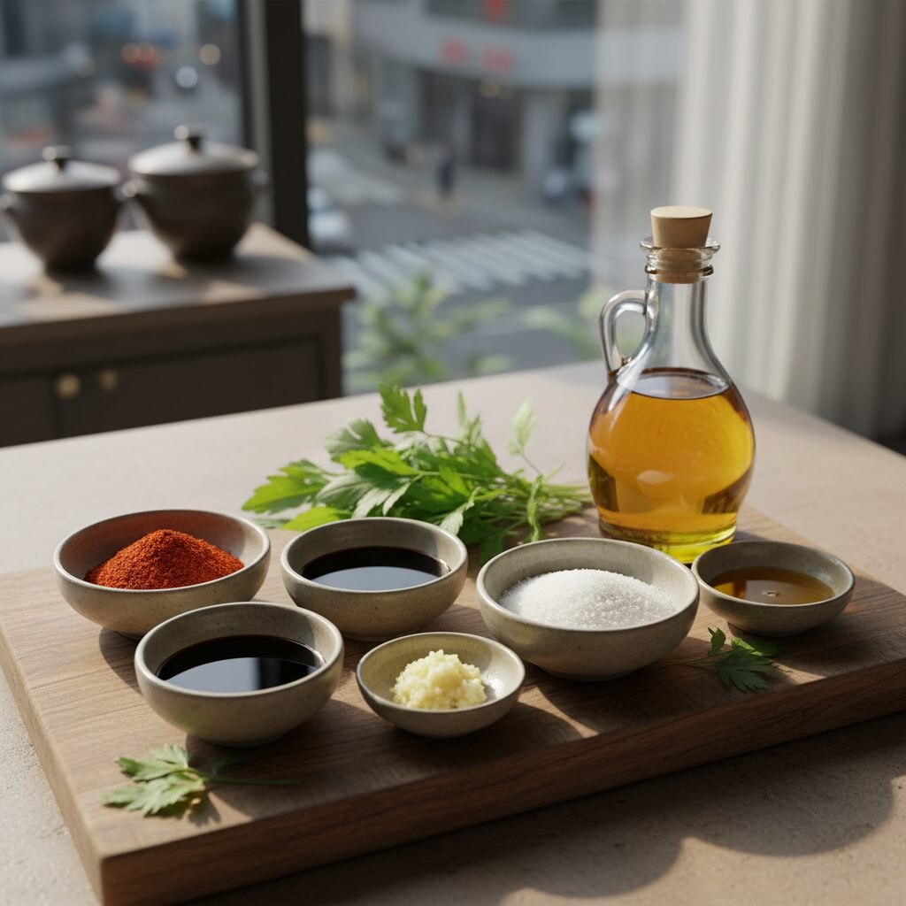 참나물 겉절이에 쓰이는 양념 재료들인 고춧가루 간장 식초 설탕 마늘 참기름이 담긴 사진