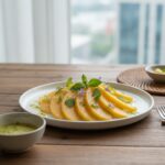 노란색 참외가 얇게 채 썰려 접시에 담겨 있고 상큼한 소스와 허브로 장식된 참외 샐러드