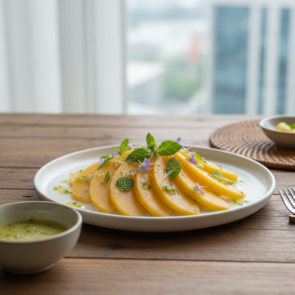 노란색 참외가 얇게 채 썰려 접시에 담겨 있고 상큼한 소스와 허브로 장식된 참외 샐러드