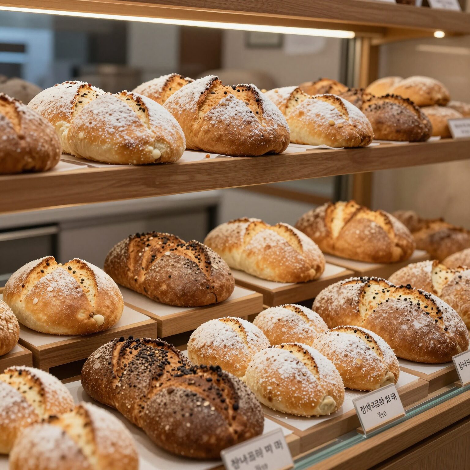 참새보리식빵 매장 내 다양한 보리식빵 진열 모습