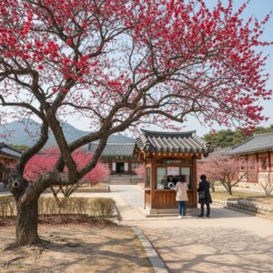 창덕궁 후원 입구 매표소 앞에서 붉게 핀 홍매화와 고궁 전각의 조화로운 모습