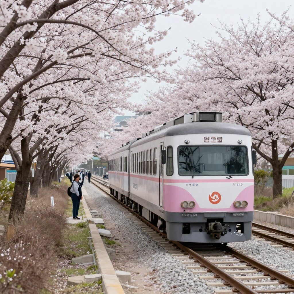 순천 동천 벚꽃길 사이를 지나가는 기차 풍경