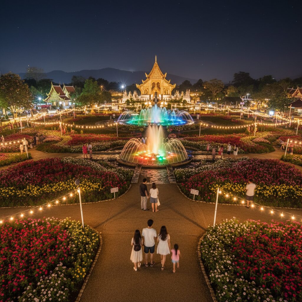 치앙마이 꽃축제 야간 조명 정원과 분수쇼 풍경
