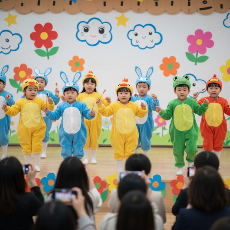 어린이 동시 발표회에서 귀여운 의상을 입고 율동을 하는 유치원생들