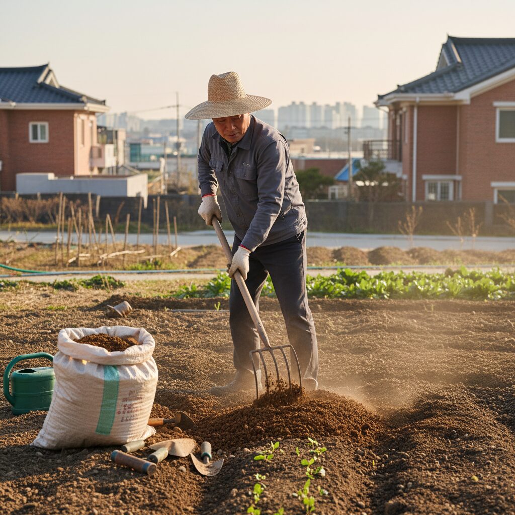 텃밭에 퇴비를 골고루 뿌리고 땅을 뒤집어 섞는 모습