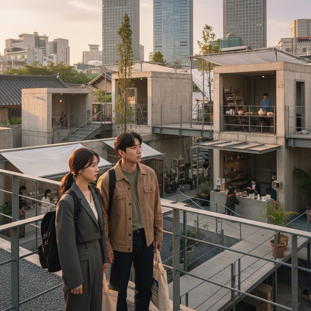 콘크리트 마켓 주인공 희로와 태진이 마켓을 바라보는 장면