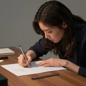 관조적 행동을 실천하는 여성이 연필로 종이에 선을 긋고 있는 모습