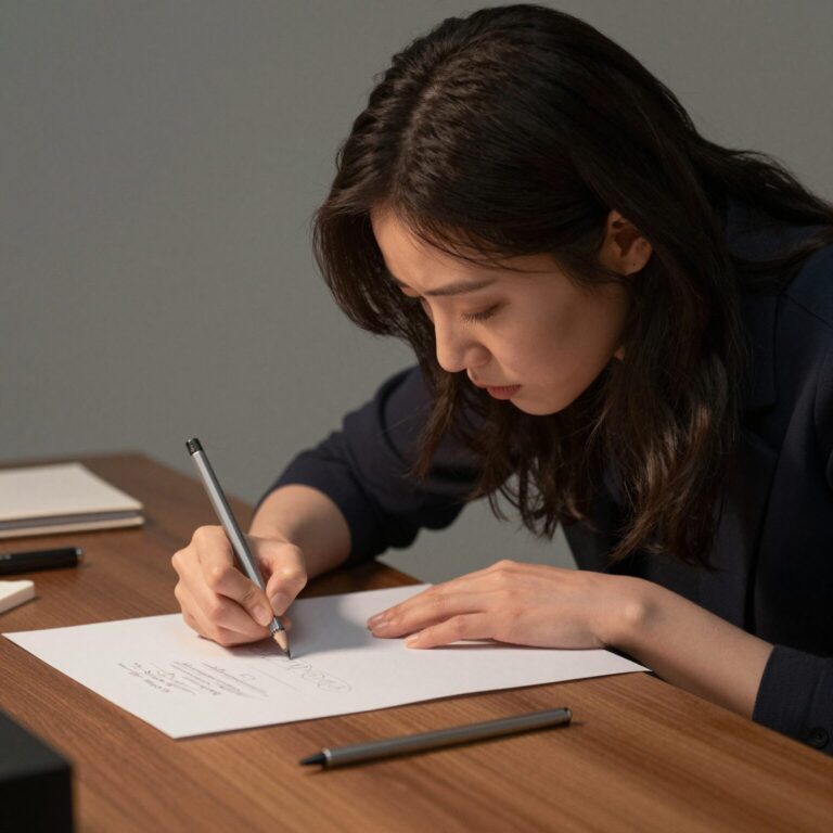 관조적 행동을 실천하는 여성이 연필로 종이에 선을 긋고 있는 모습