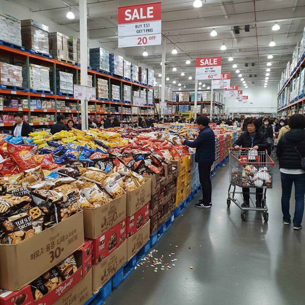 코스트코 할인 간식 코너에 진열된 대용량 초콜릿과 과자