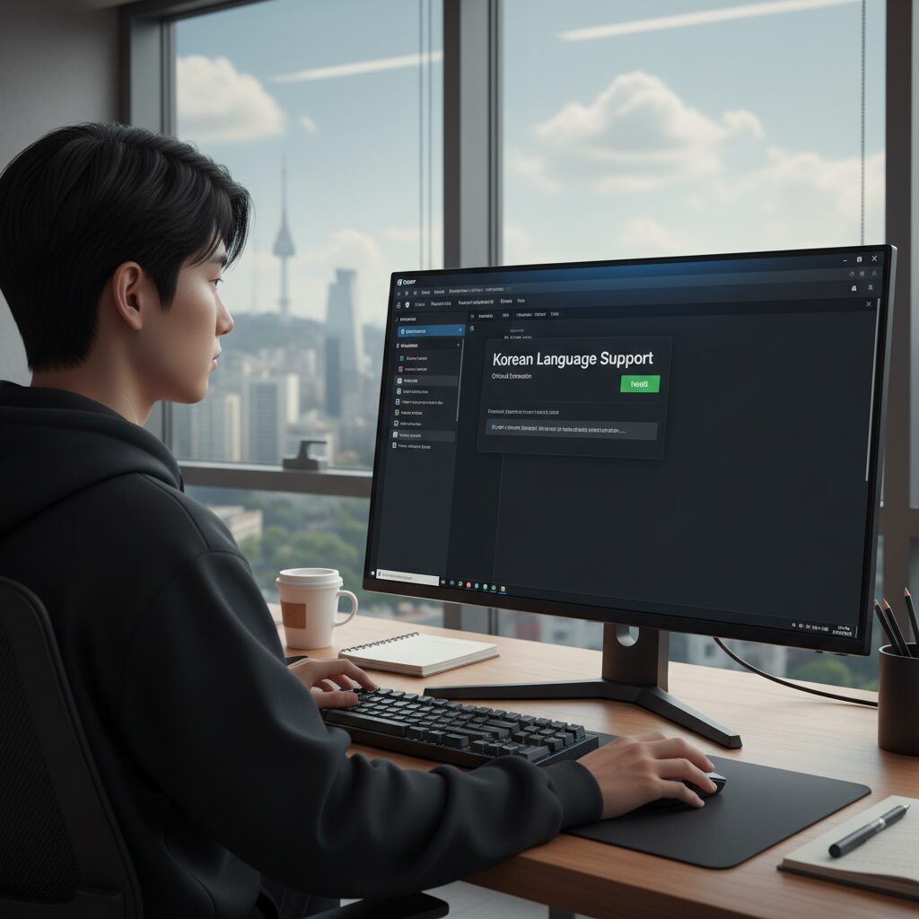 Cursor 에디터에서 한글 언어팩 검색 및 설치 화면