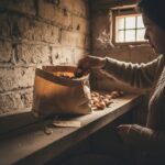 마른 수선화 구근이 종이봉투에 담겨 서늘한 곳에 보관되어 있는 모습