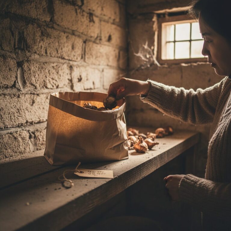 마른 수선화 구근이 종이봉투에 담겨 서늘한 곳에 보관되어 있는 모습