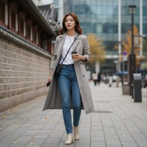 라이트 그레이 싱글 트렌치코트와 청바지를 코디한 여성 스타일