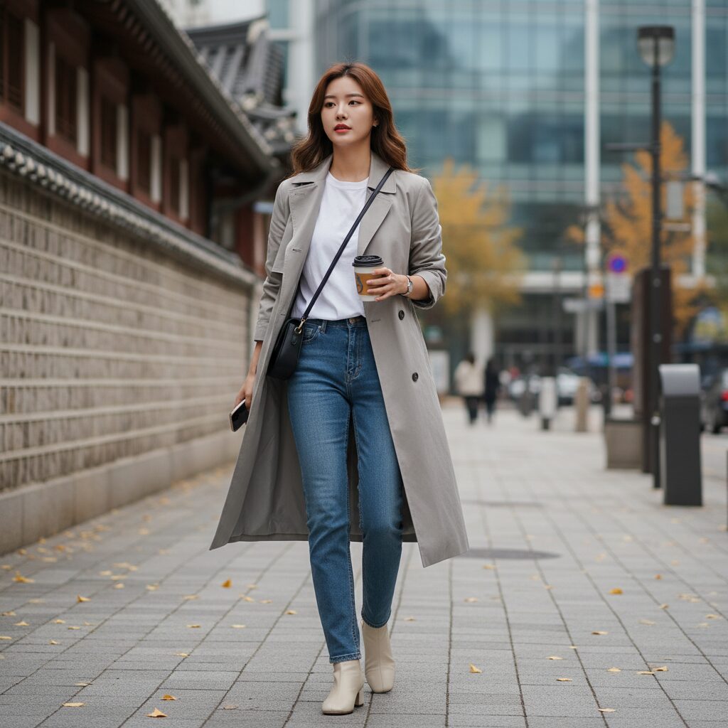 라이트 그레이 싱글 트렌치코트와 청바지를 코디한 여성 스타일
