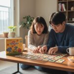 유치원 생일선물 준비하기 쉬운 방법 다이소에서 판매하는 메모리게임 상자와 그림 타일이 테이블 위에 펼쳐져 있는 모습