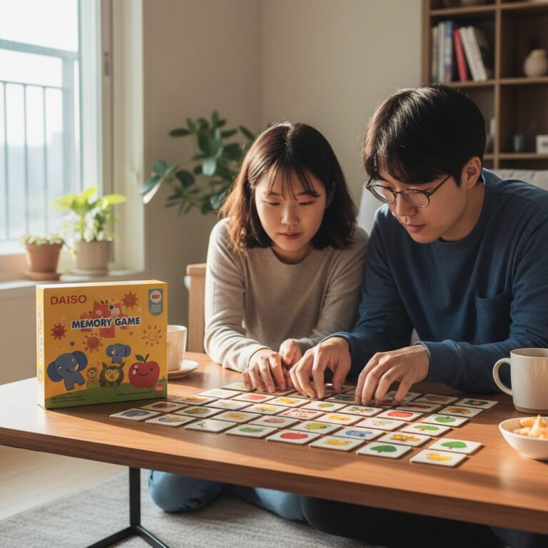 다이소에서 판매하는 메모리게임 상자와 그림 타일이 테이블 위에 펼쳐져 있는 모습