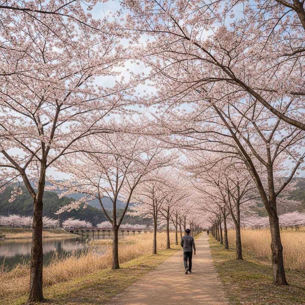 달성습지의 높은 벚나무와 한적한 산책로 풍경