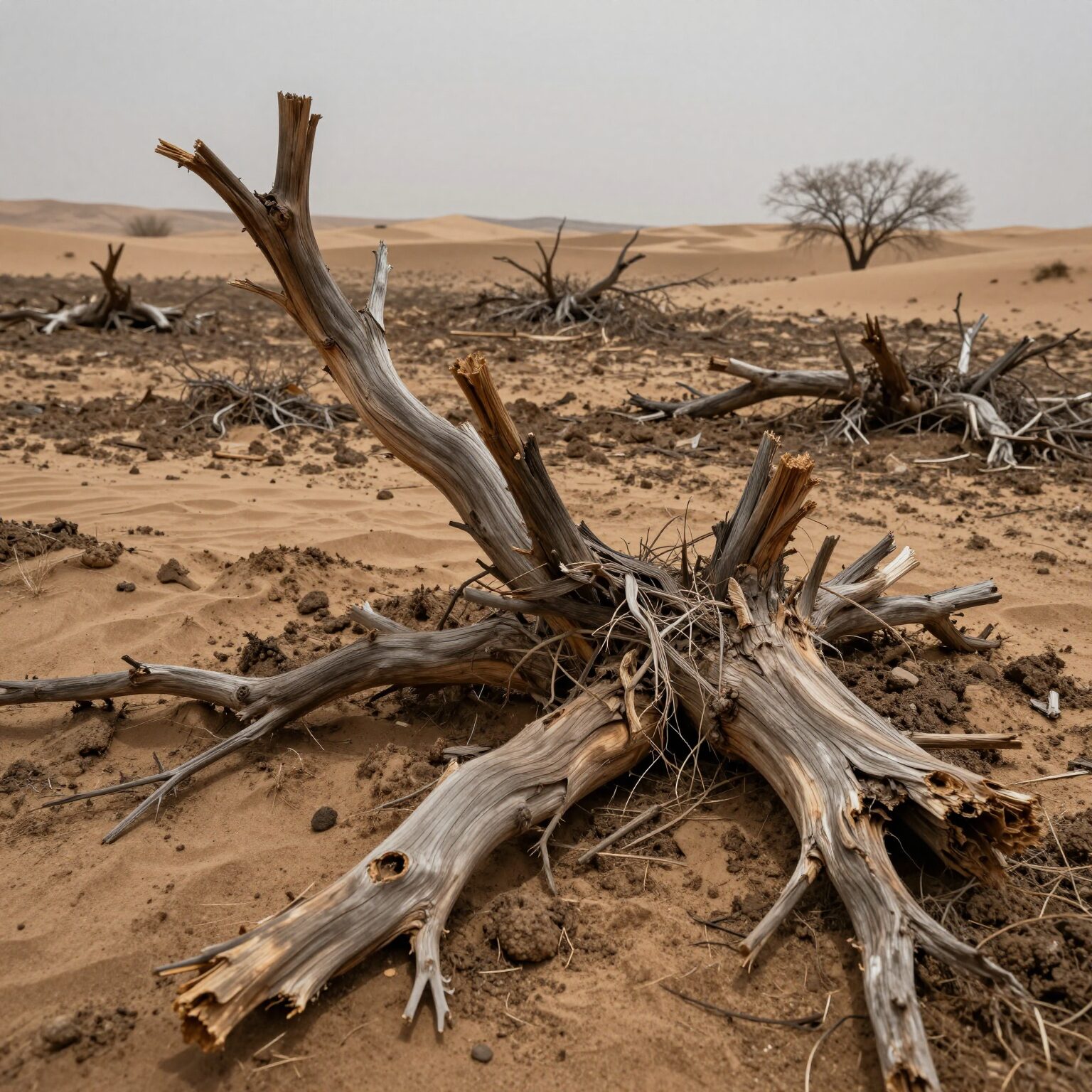 사막화로 인해 갈라진 땅과 고사한 나무