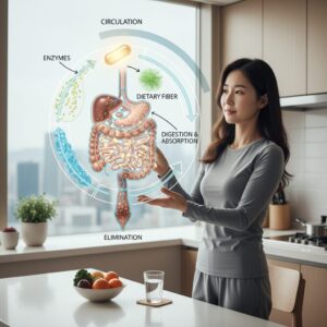 캡슐레이션 효소와 식이섬유가 함께하는 소화 흡수 배출 순환 과정 다이어그램