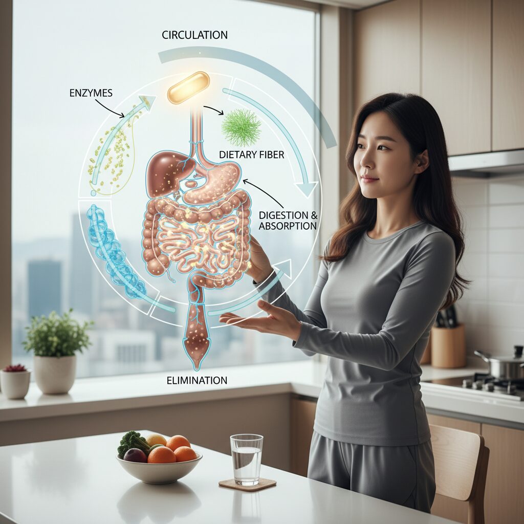캡슐레이션 효소와 식이섬유가 함께하는 소화 흡수 배출 순환 과정 다이어그램