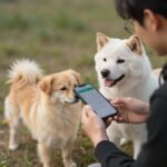 강아지가 보호자와 함께 스마트폰으로 공기질 수치를 확인하는 모습