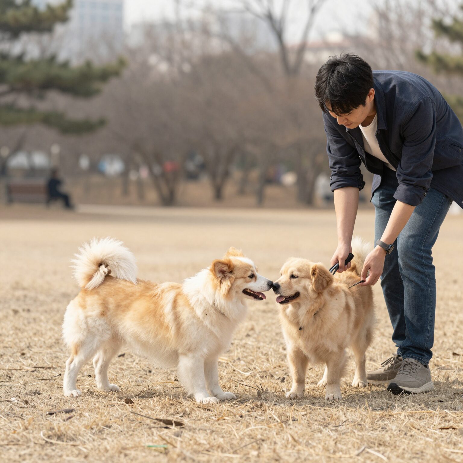 강아지와 사람이 공원에서 즐겁게 산책하며 교감하는 모습