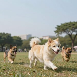 강아지와 사람이 함께 공원에서 즐겁게 뛰노는 모습