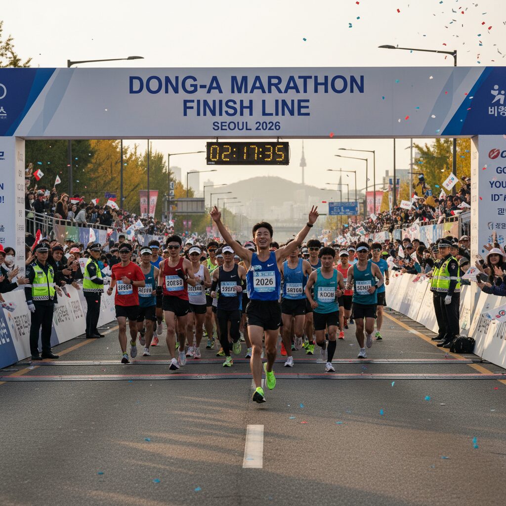 2026년 동아마라톤 피니쉬 라인을 통과하는 러너들과 지켜보는 관중들