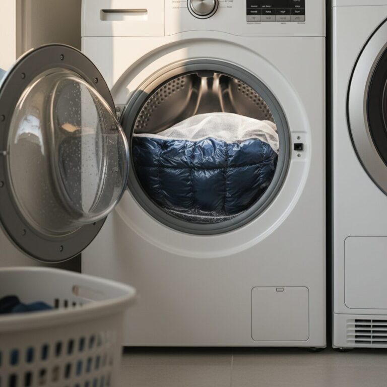 세탁망에 넣은 다운점퍼가 세탁기 안에 있는 모습