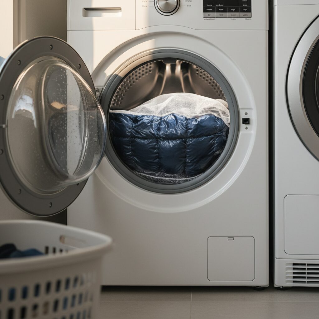 세탁망에 넣은 다운점퍼가 세탁기 안에 있는 모습