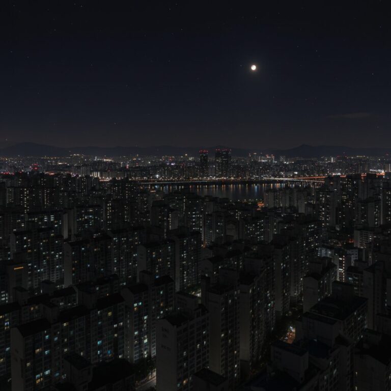 밤하늘을 배경으로 도시 건물들의 불이 꺼져 있는 모습