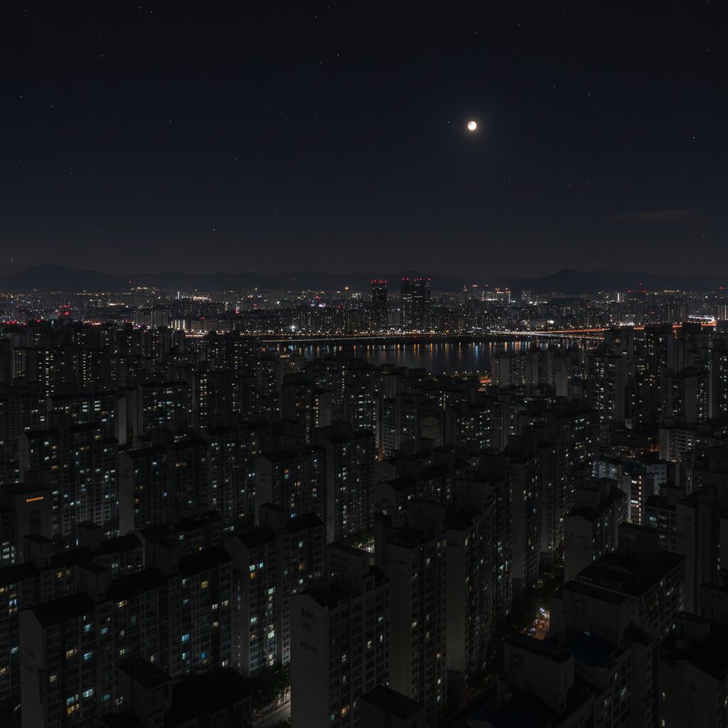 밤하늘을 배경으로 도시 건물들의 불이 꺼져 있는 모습